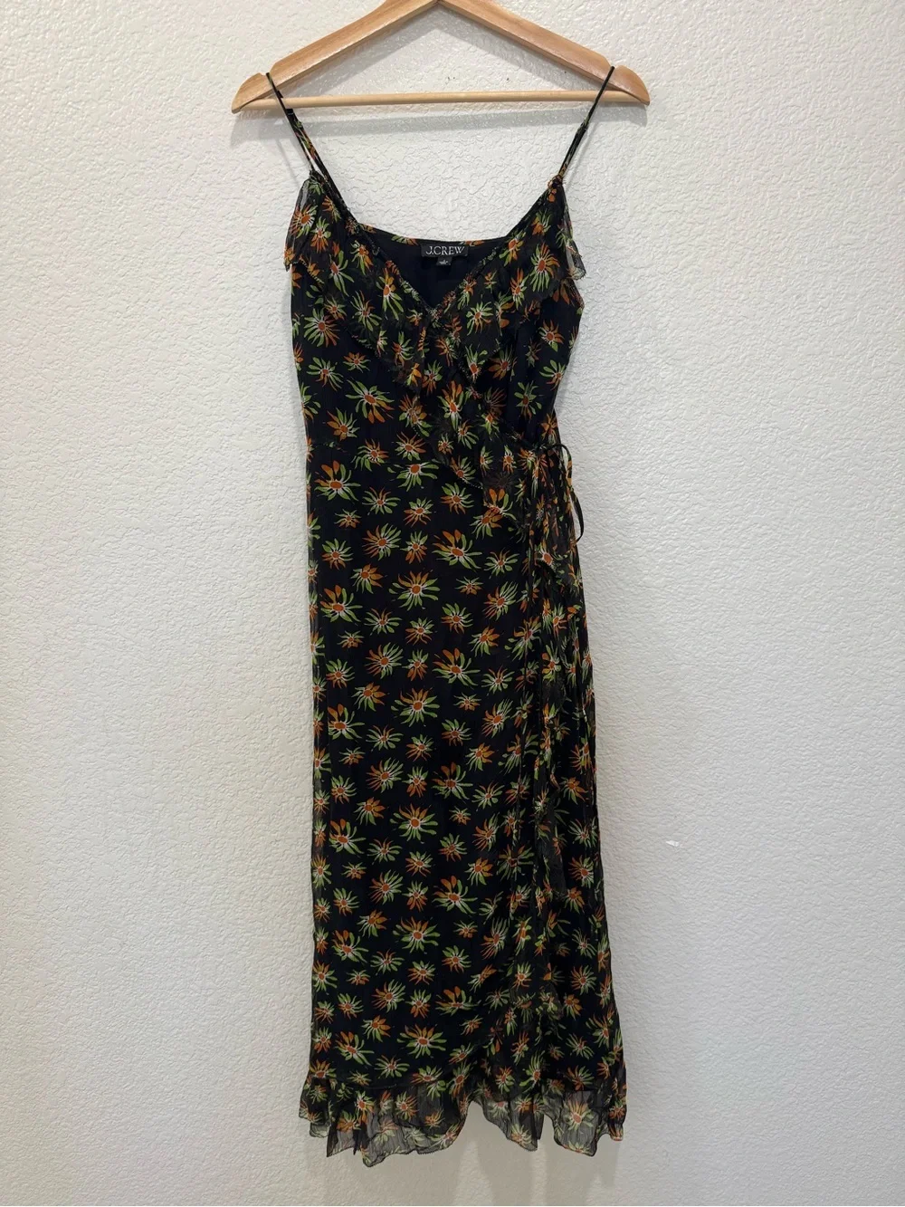 J. Crew Black Floral Midi Wrap Dress with Side Slit
